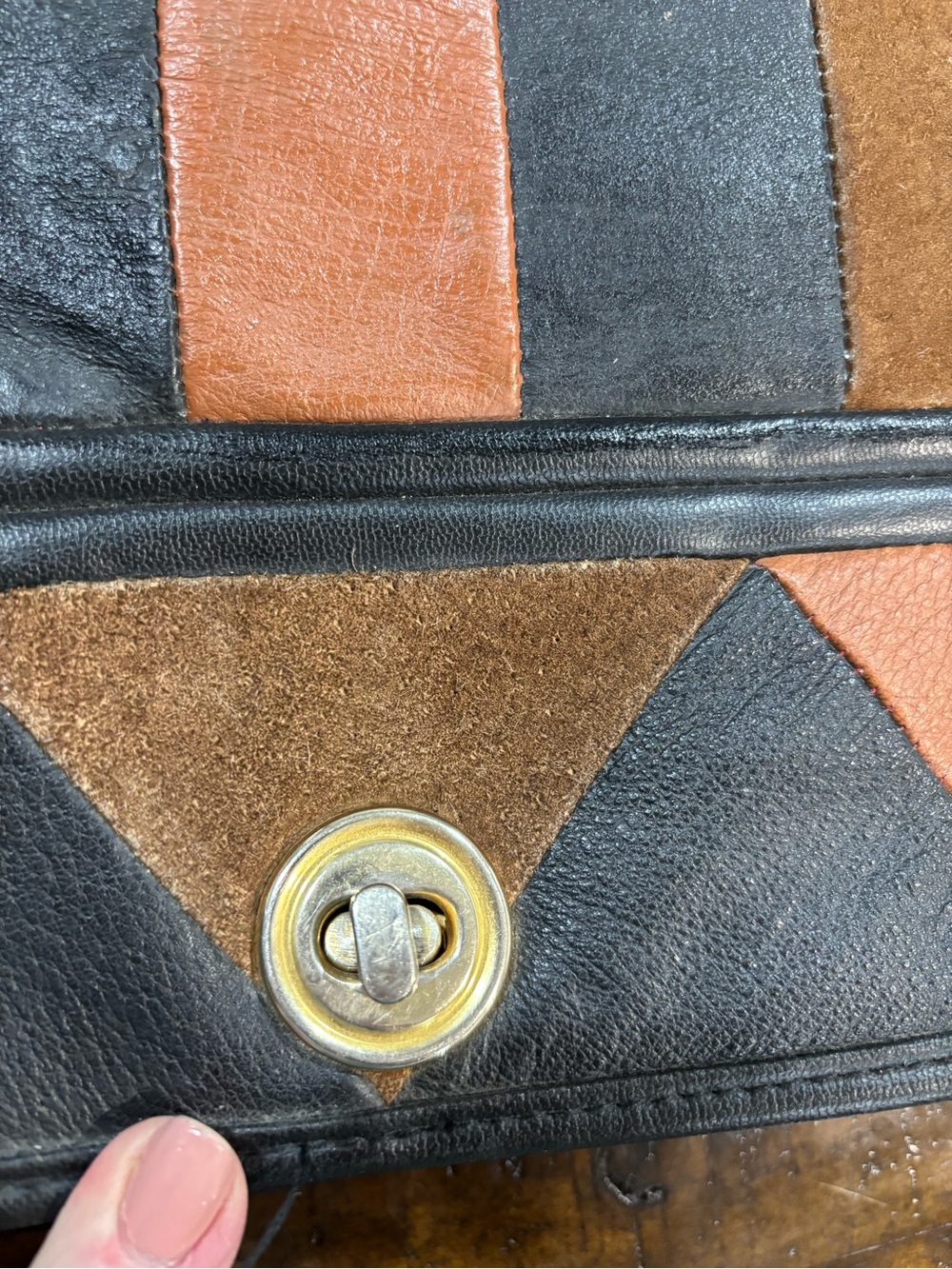 Vintage Mod 1960's Color block Leather Crossbody Bag in Black, Brown, Rust - Picture 3 of 11